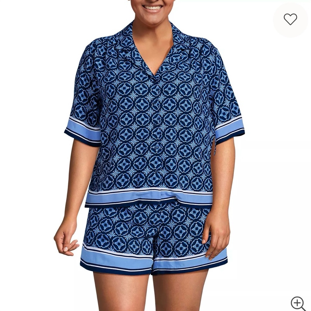 NWT Lands' End Rayon Camp Shirt &Short set,deep sea border tile,size 26W,3X
